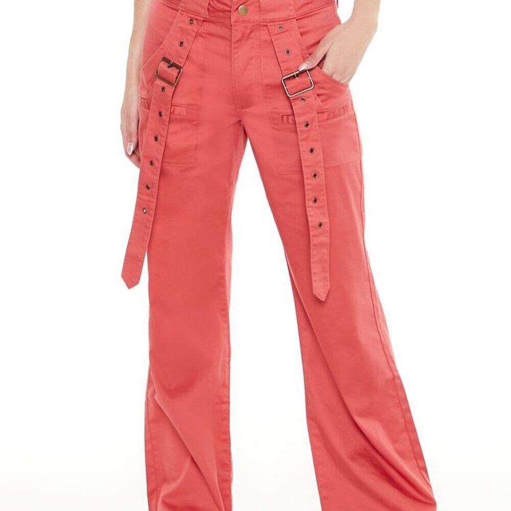 CLEARANCE Flare Utility Buckled Twill Wide Leg Cargo Pant Coral Hi Rise Pocket